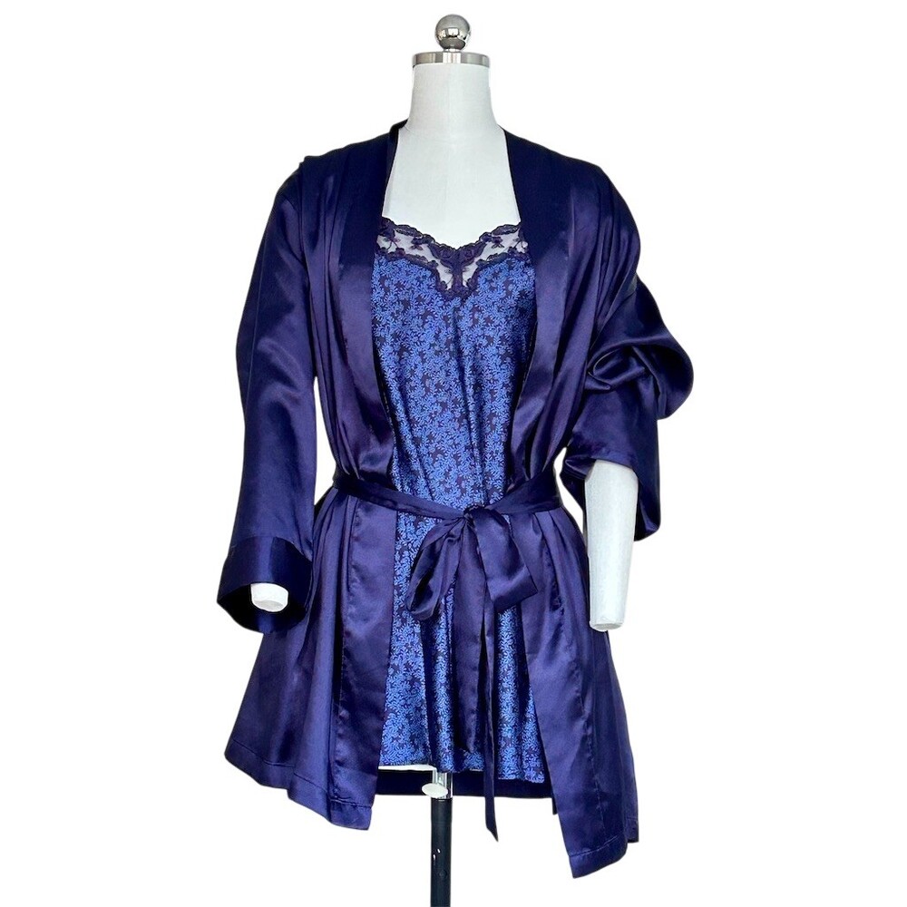 Victoria's Secret Robe & Chemise Set Womens M Blue Floral Lace Trim Tie